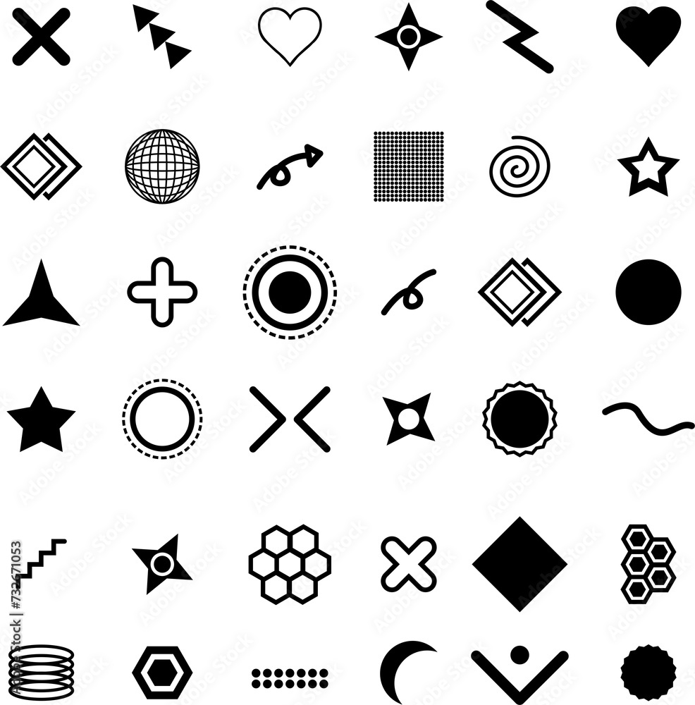 vector image of icons of various geometric shapes and symbols on a ...