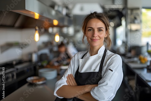 portrait of a female chef , in the chef suit