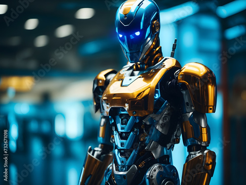 Robot arm crossed design, Humanoid robot standing on blue futuristic background design.