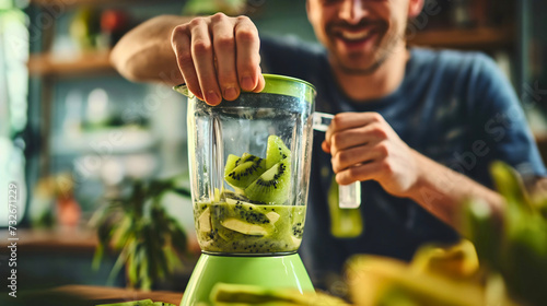 Young man smiling in the background, placing a hand on the electric blender mixer device, standing in the kitchen, making healthy nutritious green smoothie with tropical and exotic kiwi fruit photo