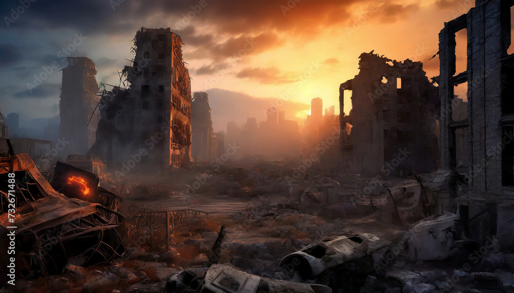Apocalyptic concept, ruins of abandoned city, old broken buildings, dark toned, post war apocalypse
