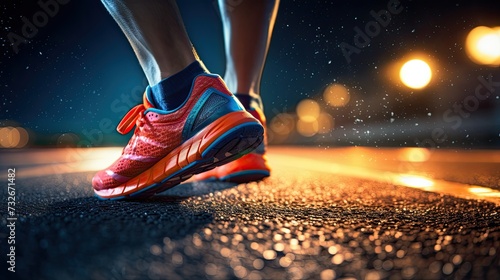Run banner. running competition. Close up view of runner sport shoes sprint running on track