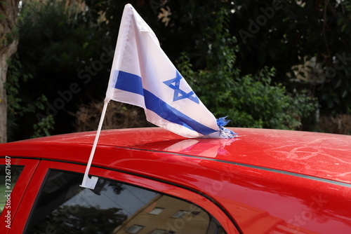 Blue and white flag of Israel with the Star of David.