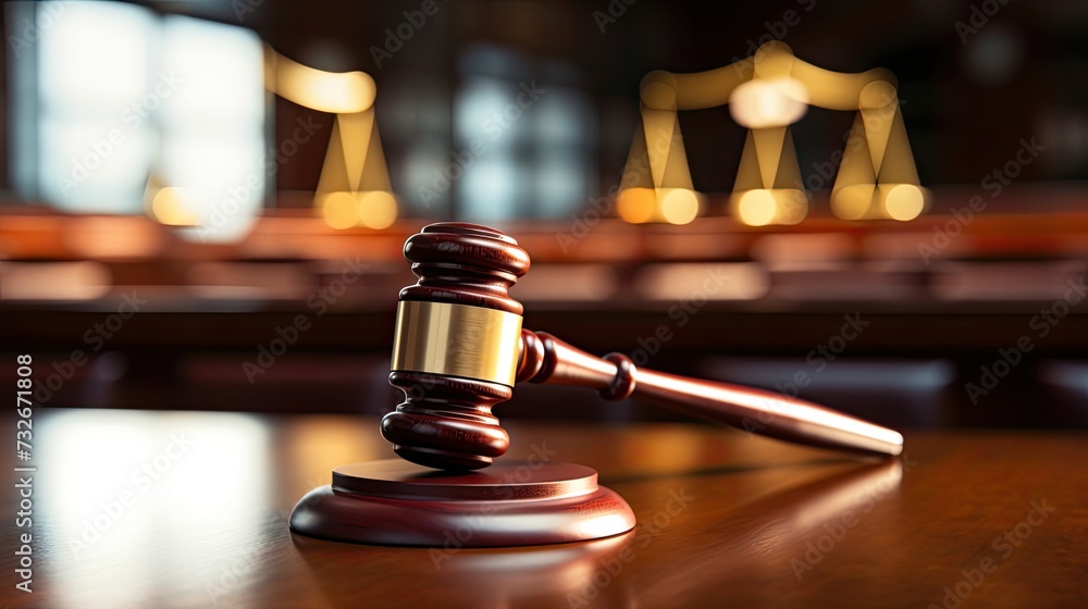 Law, Lawyer. Close-up of gavel on judge desk, symbolizing court trial, justice and legal decisions in courtroom Law, Lawyer. Close-up of gavel on judge desk, symbolizing court trial, justice and legal decisions in courtroom