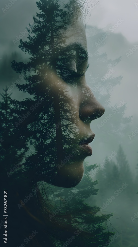 A person's features radiating comfort and respite, their partly transparent visage drifting before a primeval forest withdrawing into obscurity, mystical, tracking
