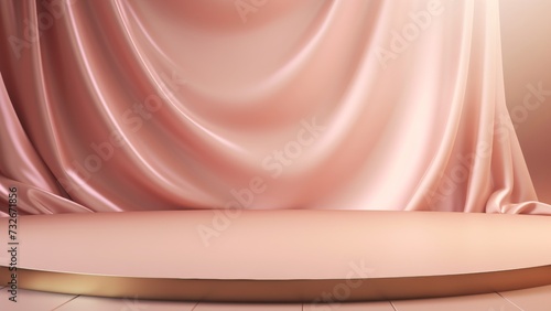 Elegant gold podium with pink drapes in background, Premium showcase mockup template for Beauty, Cosmetic, Luxury products, with copy space for text