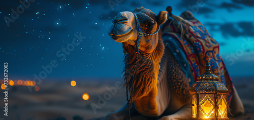camel and lantern in the desert by night, AI generated