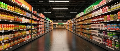 Abstract supermarket aisle with colorful shelves and unrecognizable customers as background