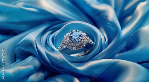wedding engagement ring surrounded by blue satin fabr photo