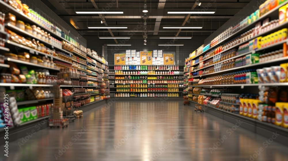 Abstract supermarket aisle with colorful shelves and unrecognizable customers as background