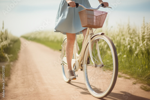 cyclist riding their bike in the summer outdoors image, in the style of vintage charm, low-angle, light indigo and beige