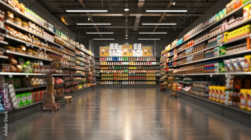 Abstract supermarket aisle with colorful shelves and unrecognizable customers as background photo