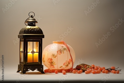 a traditional lantern and a vase on a table with berries