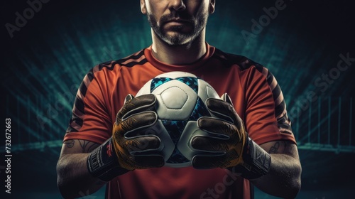 Goalkeeper Hands holding football close up shot. Football banner. Football Competition
