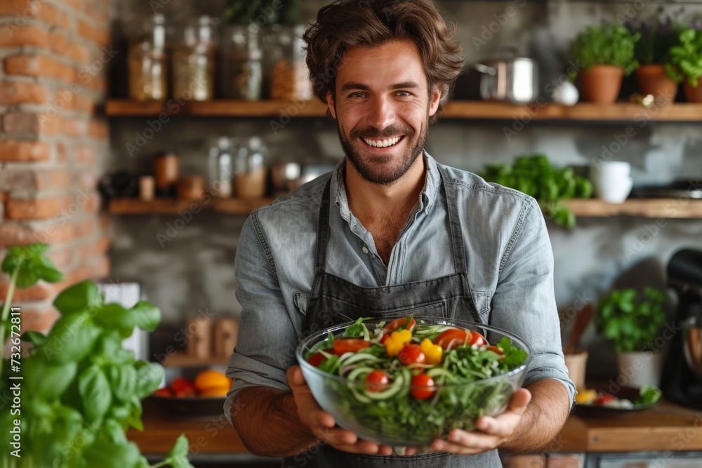 A smiling chef in an apron, presenting a fresh and healthy vegetable salad in a kitchen. A smiling chef in an apron, presenting a fresh and healthy vegetable salad in a kitchen.