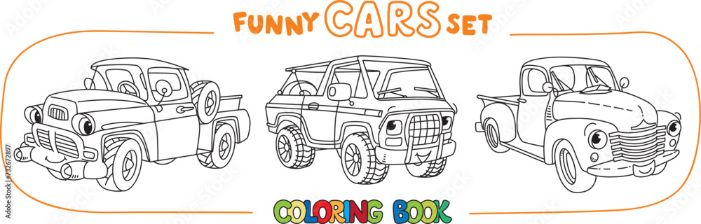 Retro pickup trucks. Cars coloring book set