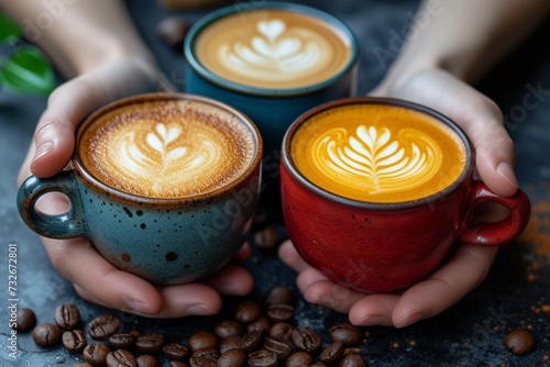 Three cups of coffee with beautiful tulip latte art, served outdoors.