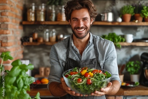 A smiling chef in an apron, presenting a fresh and healthy vegetable salad in a kitchen.