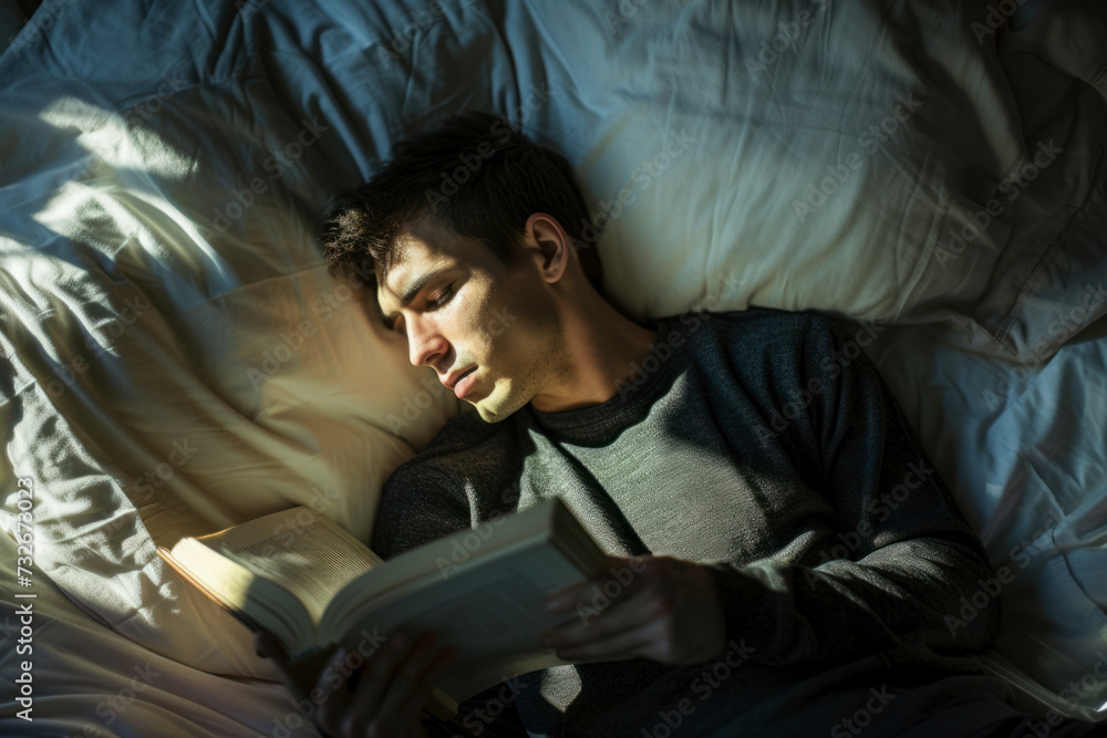 Portrait Of A Man Lying On Bed Reading Book. Portrait Of A Man Lying On Bed Reading Book.