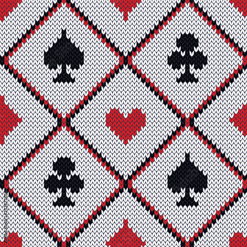 Poker game symbols in argyle jacquard knitted seamless pattern for sweater or socks design. White and black and red background. Vector illustration.	