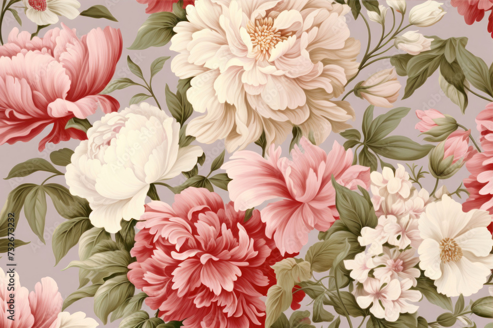 Seamless pattern with peony flowers. Vintage floral background.