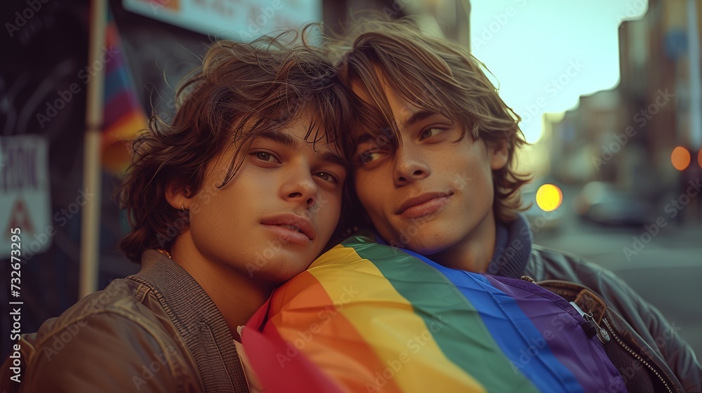 Obraz premium Two young men enjoy gay pride day affectionately with the LGBT flag