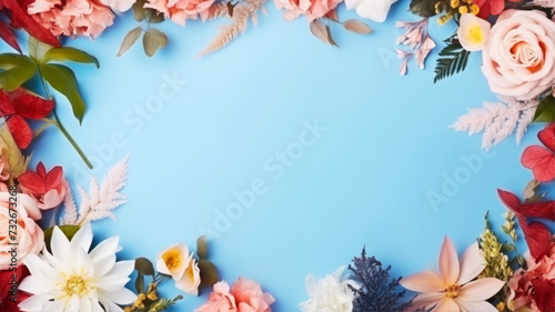 Flowers composition. Frame made of flowers on blue background. Flat lay  top view  copy space