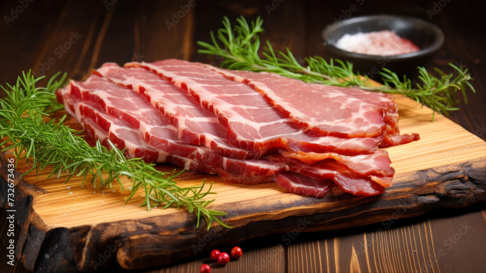 Slices of smoked bacon on a cutting board with herbs and spices Slices of smoked bacon on a cutting board with herbs and spices