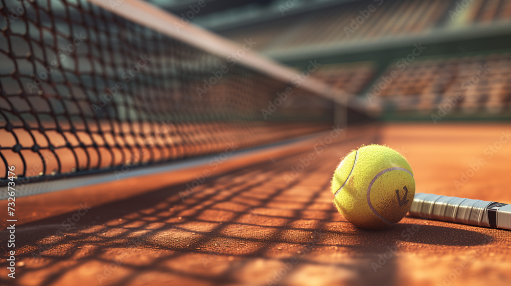 A close-up on a textured, red clay court, featuring a detailed tennis net, ball, and racket laid out as if mid-game. The background shows the curve of an empty, historic stone stadium, Generative AI