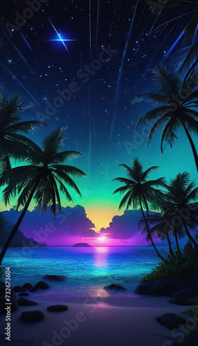 Tropical beach and night with neon stars
