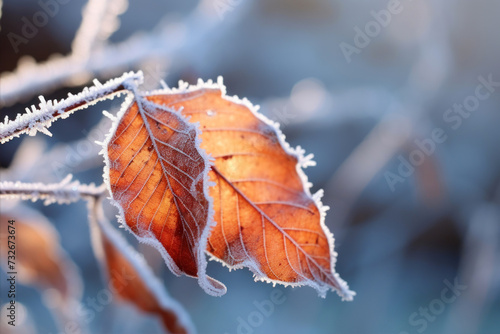 Frosted autumn leaves on a tree branch in the winter forest