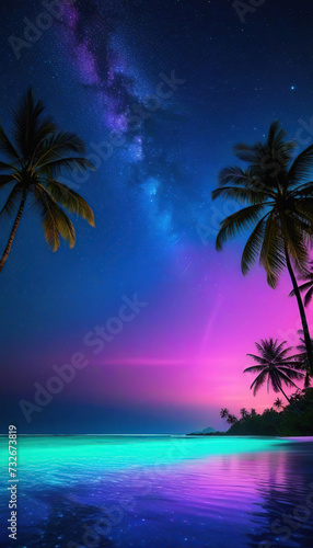 Tropical beach and night with neon stars