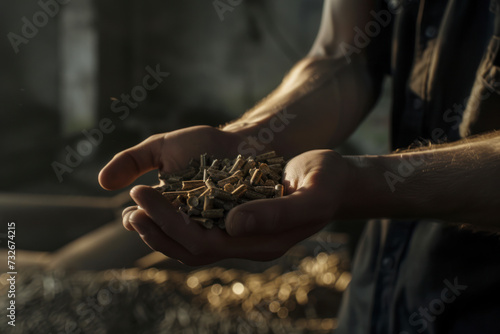 Wood pellets in the background. Man's hands. photo