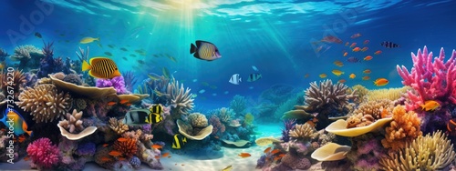 Tropical sea underwater fishes on coral reef. snorkel, diving. Aquarium oceanarium colorful marine panorama landscape nature. background wallpaper 