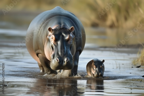 HIPPOPOTAMO AND ITS BABY, WALKING ON THE WATER. WILD LIFE. photo