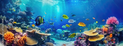 Tropical sea underwater fishes on coral reef. snorkel  diving. Aquarium oceanarium colorful marine panorama landscape nature. background wallpaper 