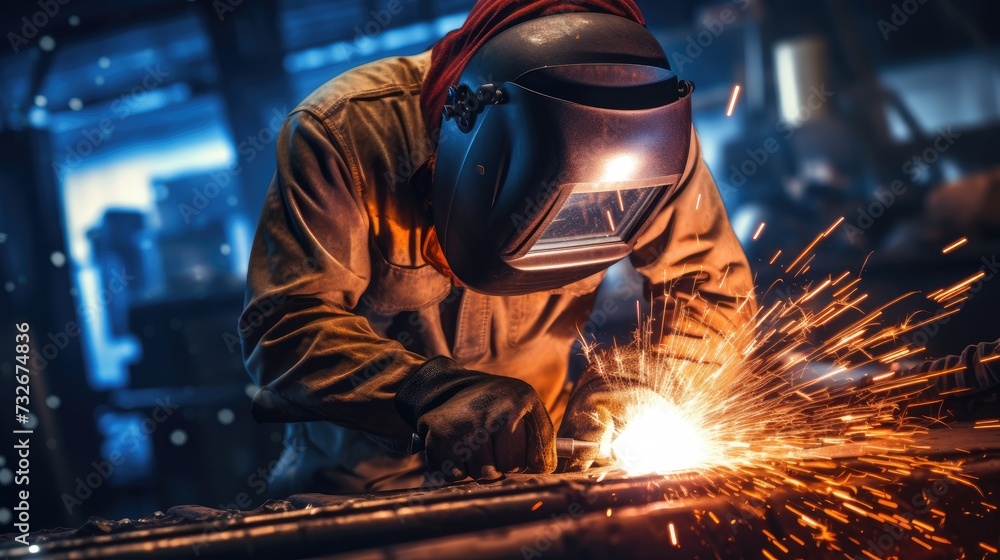 welder is welding metal , industry sparkle background. welder at work. welding machine to weld steel at factory welder is welding metal , industry sparkle background. welder at work. welding machine to weld steel at factory