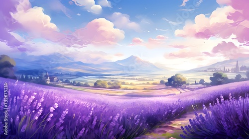 Landscape of dreamy lavender field illustrated wallpaper 