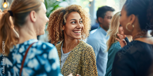 meeting within a company, networking at a reception, group of employees, businesswomen chatting at a networking event, sharing and chatting with a smile