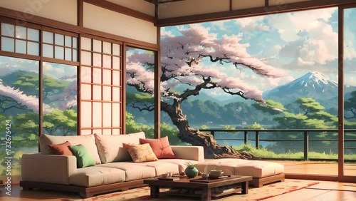 virtual backgrounds loop animation, live stream overlay wallpaper, cozy lo-fi Japanese living room, garden, vtuber asset twitch zoom OBS screen wallpaper. anime chill hip hop video bg