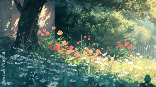 Anime-style illustration of a beautiful shaded garden full of wildflowers