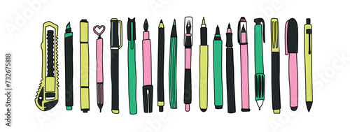 Big vector set of office supplies. Pens, pencils, stationery knife, liners, felt-tip pens. Set of isolated elements on a multi-colored background. Banner for school supplies store.