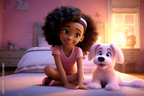 3D illustration of Cheerful Young Animated Girl Sitting with Her Lovable White Dog in a Pink Bedroom