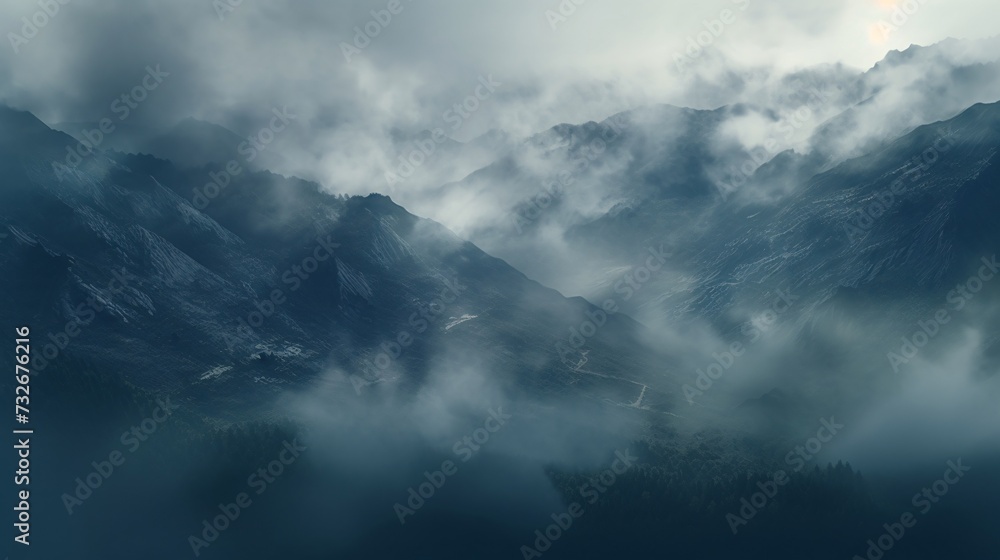 The mountain view is veiled in a thick blanket of fog, shrouding the majestic peaks in an ethereal veil of mystery. As the mist swirls and dances around the rugged terrain, it creates an atmosphere.