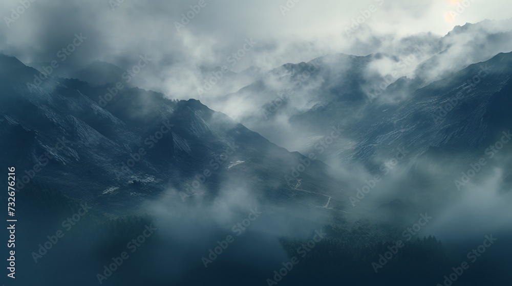 Fototapeta premium The mountain view is veiled in a thick blanket of fog, shrouding the majestic peaks in an ethereal veil of mystery. As the mist swirls and dances around the rugged terrain, it creates an atmosphere.