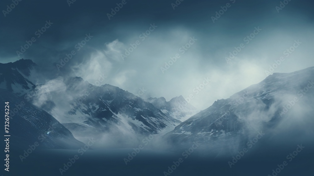 The mountain view is veiled in a thick blanket of fog, shrouding the majestic peaks in an ethereal veil of mystery. As the mist swirls and dances around the rugged terrain, it creates an atmosphere.