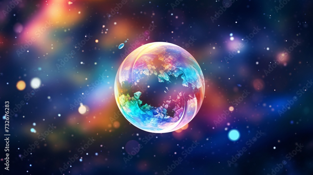 The soap bubble floats weightlessly through the air, its iridescent surface shimmering with a myriad of colors as it catches the light. Delicate and ephemeral, it seems to dance on the breeze,