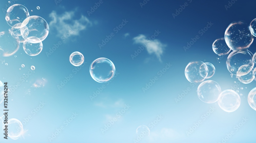 Soap bubbles float gracefully in the vast expanse of the sky, their shimmering spheres casting a spellbinding spectacle against the backdrop of blue. Drifting on gentle breezes, they rise and fall.