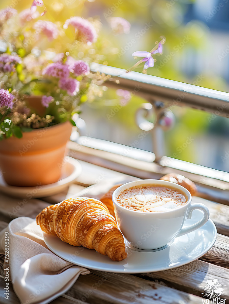 a breakfast with croissant and tea on the terrace a breakfast with croissant and tea on the terrace