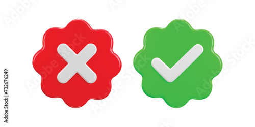 3d check mark, approved and cross mark, rejection 3d vector icon illustration set